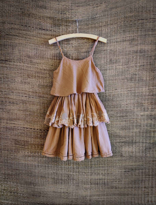 Front view of a mud (brown) colour,  sleeveless dress